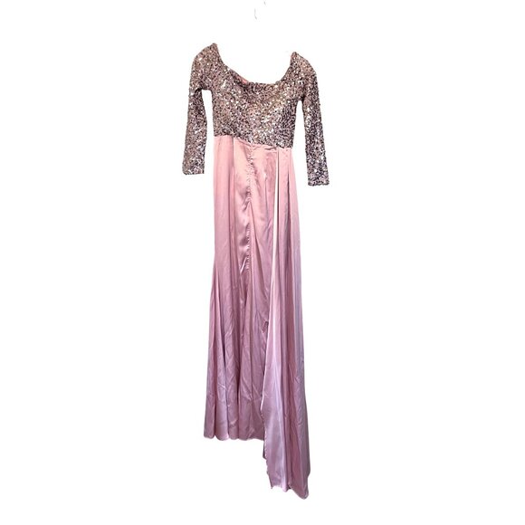 Faeriesty XS Pink Satin & Sequin Long Gown With Draped Front & 3/4 Sleeves - Picture 2 of 5